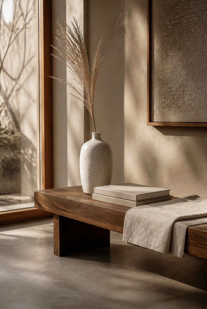 A calm Japandi corner with a vase of dried pampas, linen-bound books and a folded runner on a warm wood bench